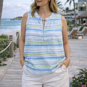 HIHO Linen Sleeveless Blouse Stripe Tie Neck Top Coastal Resort